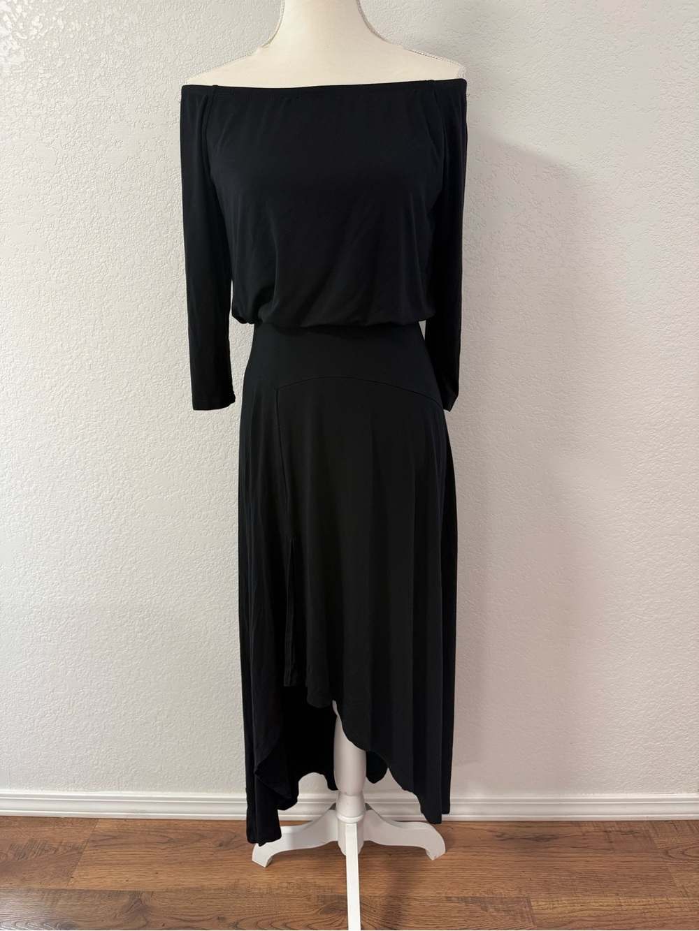 FAVLUX M Black Off Shoulder 3/4 Sleeve A-Line Hi-Low Knit Rayon Spandex